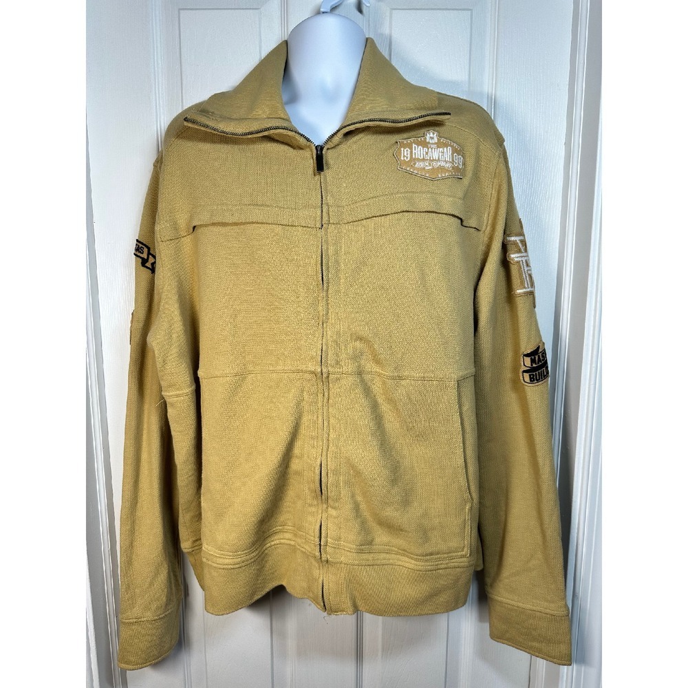 Y2K Vintage Rocawear Denim‎ Company Full Zip Jacket Patches Tan Mens 2XL